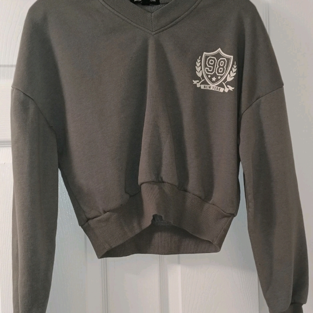 Gray V-Neck Sweatshirt with Crest